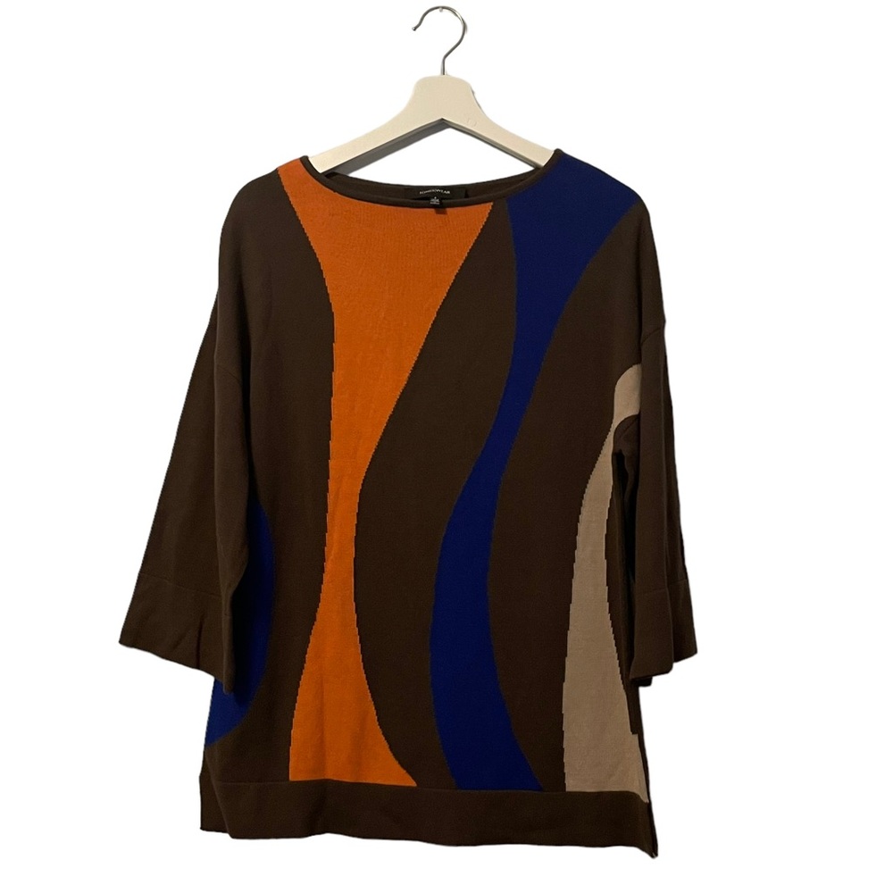 Geometric Boat Neck Knit Sweater 3/4 Sleeve Brown/ Orange/Blue Women’s Sz Small